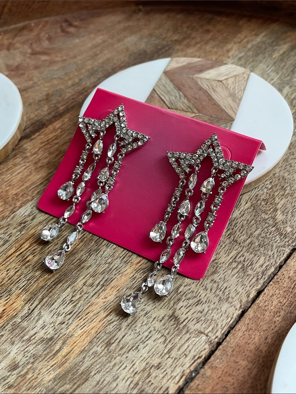 Crystal Star Drop Earrings - Silver Clear Dangle